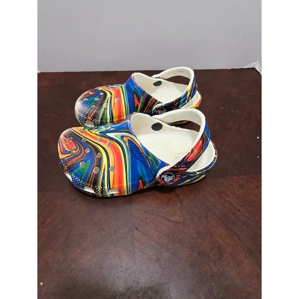 CROCS Classic Clogs Kids Multicolor Psychedelic Swirl Pattern Comfort Shoes Size